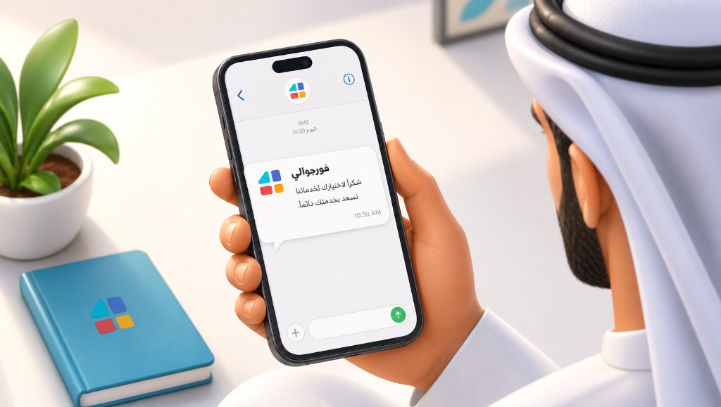 يد تمسك هاتفاً ذكياً تعرض رسالة نصية من فورجوالي - خدمة الرسائل النصية SMS
